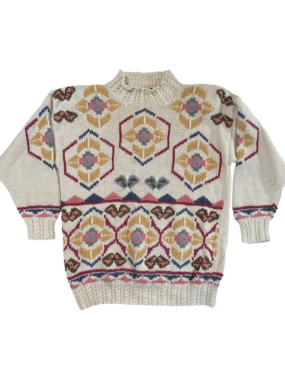 Hunters Run Vintage Southwestern Geometric Chunky Knit Sweater Cream large Women